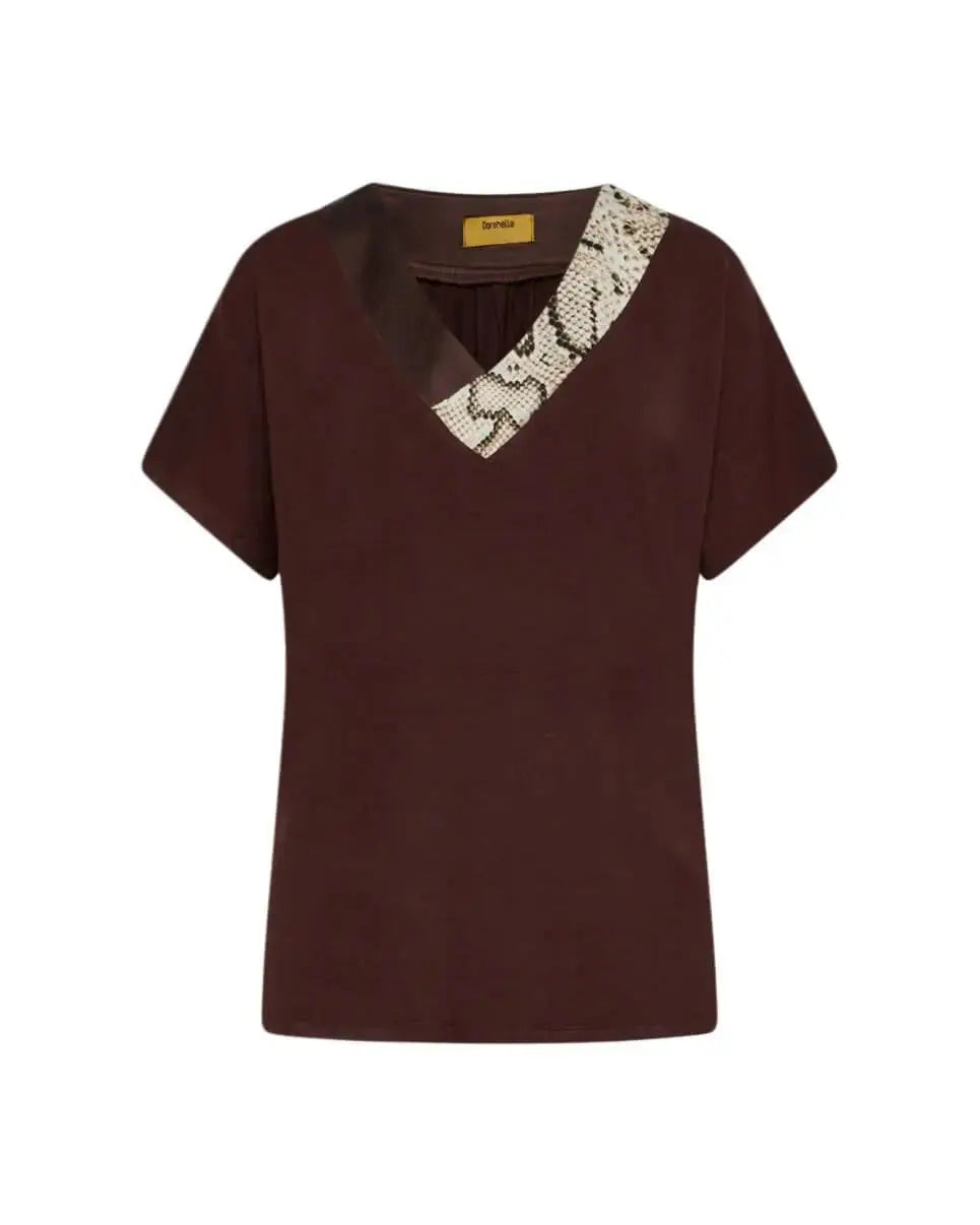 T-shirt kimono in jersey di viscosa elasticizzata con scollo a V con fantasia animalier CACAO DORABELLA PIU'