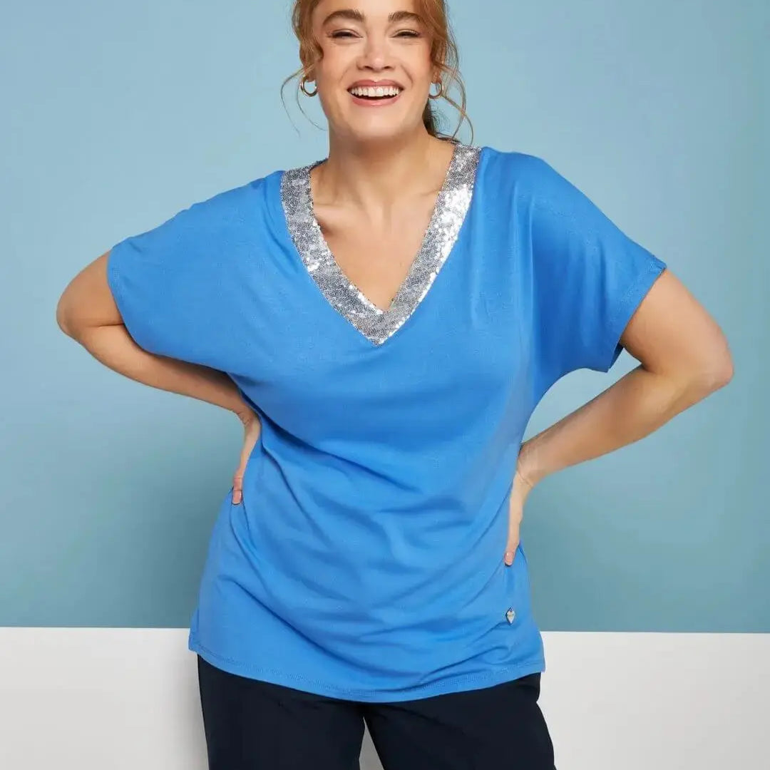 T-shirt kimono in jersey di viscosa elasticizzata con scollo a V con paillettes LAVANDA DORABELLA PIU' XXXL
