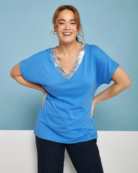 T-shirt kimono in jersey di viscosa elasticizzata con scollo a V con paillettes LAVANDA DORABELLA PIU' XXXL