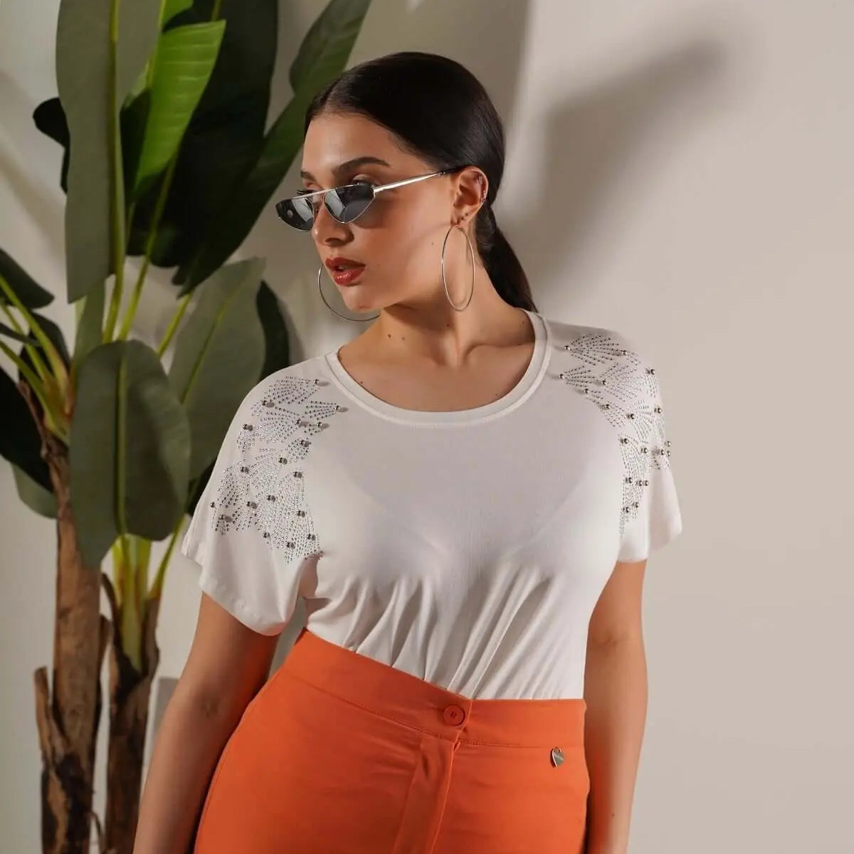 T-shirt kimono in jersey di viscosa elasticizzata con strass sulle spalle BIANCO DORABELLA XXL