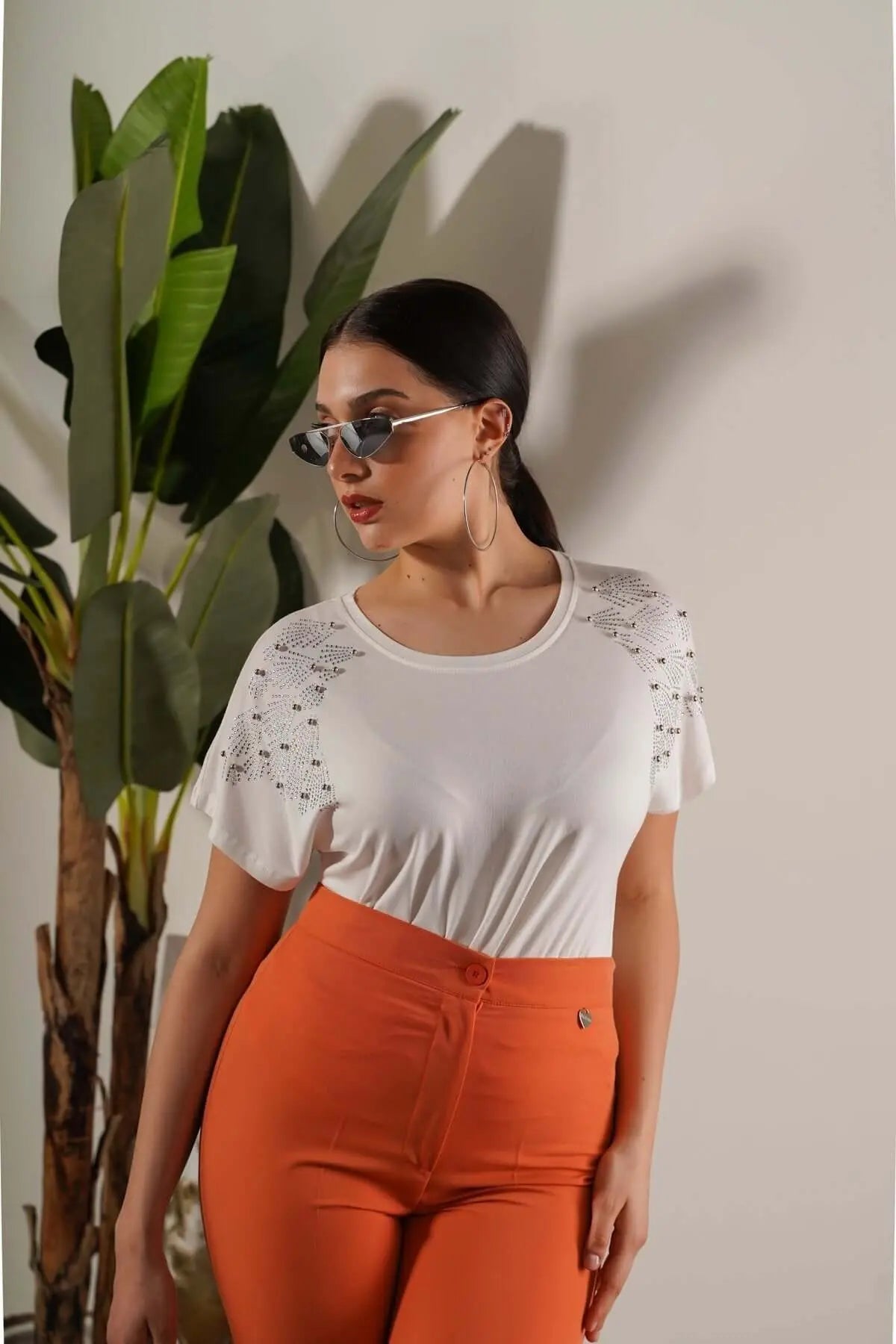 T-shirt kimono in jersey di viscosa elasticizzata con strass sulle spalle BIANCO DORABELLA XXL