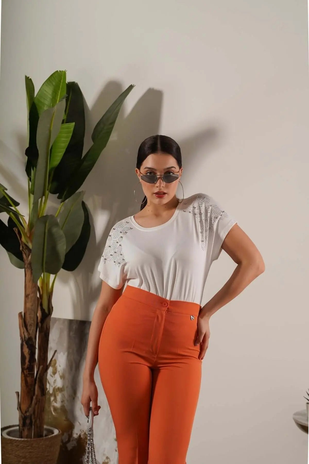 T-shirt kimono in jersey di viscosa elasticizzata con strass sulle spalle BIANCO DORABELLA