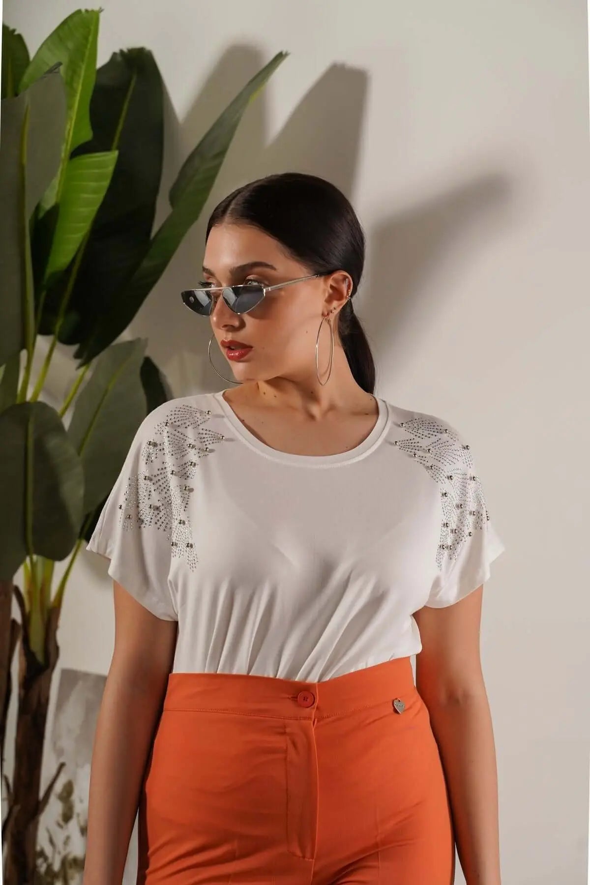 T-shirt kimono in jersey di viscosa elasticizzata con strass sulle spalle BIANCO DORABELLA