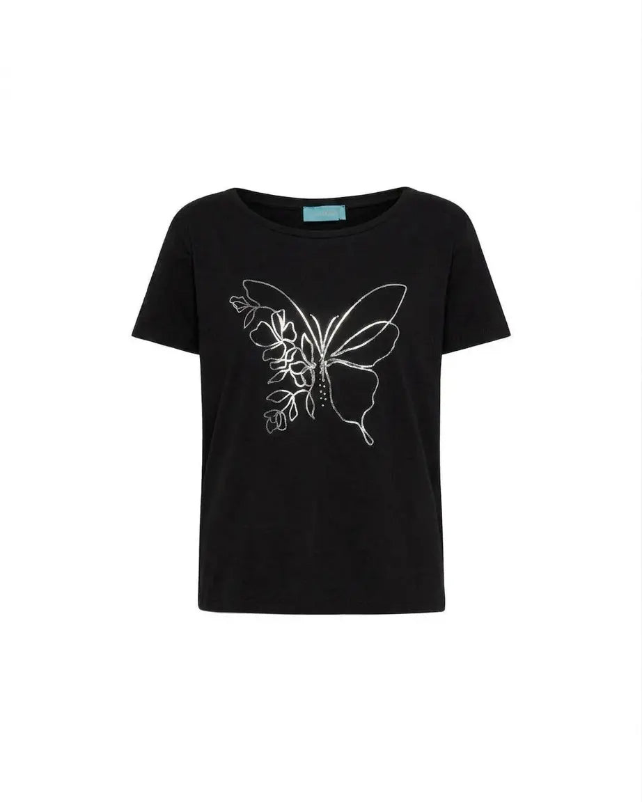 T-shirt mezza manica in jersey di cotone elasticizzato con stampa farfalla in lamina DORABELLA