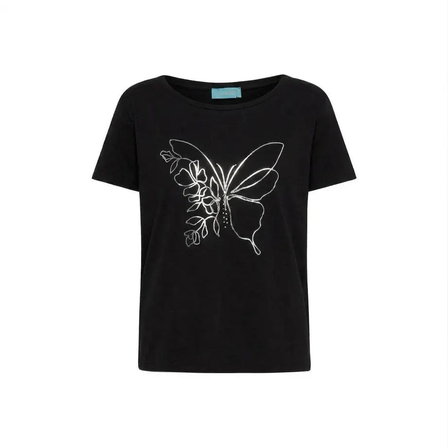 T-shirt mezza manica in jersey di cotone elasticizzato con stampa farfalla in lamina DORABELLA