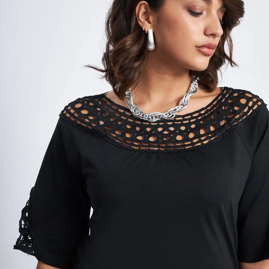T-shirt scollo a barca con intarsio forato NERO DORABELLA