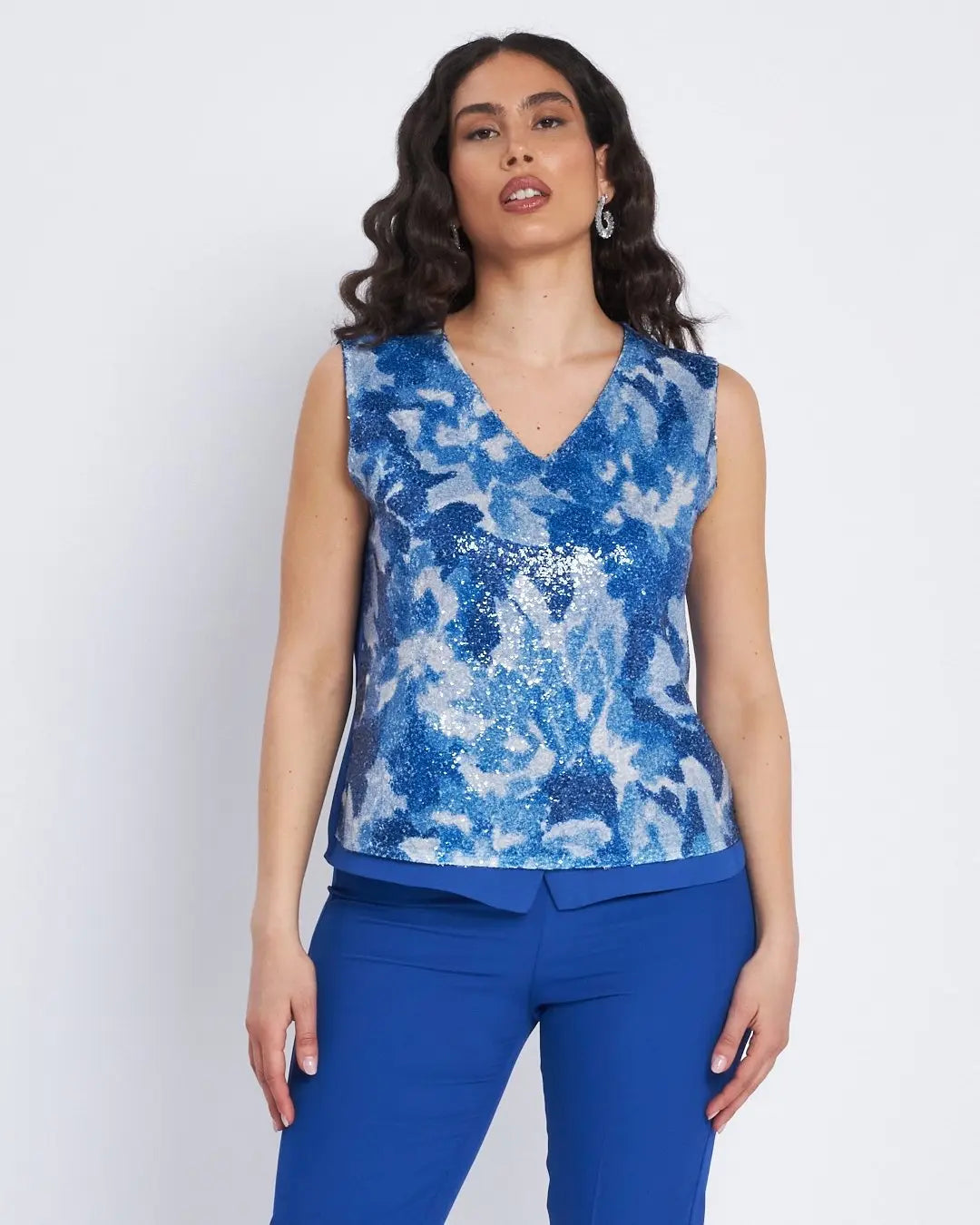 Top con inserto a fantasia e paillettes BLU CHINA DORABELLA