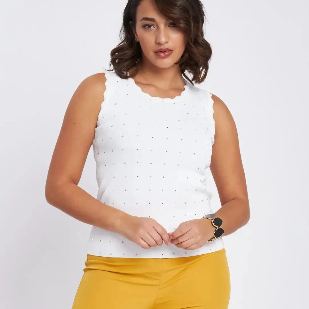 Top con orli ondulati e strass frontali BIANCO DORABELLA XL