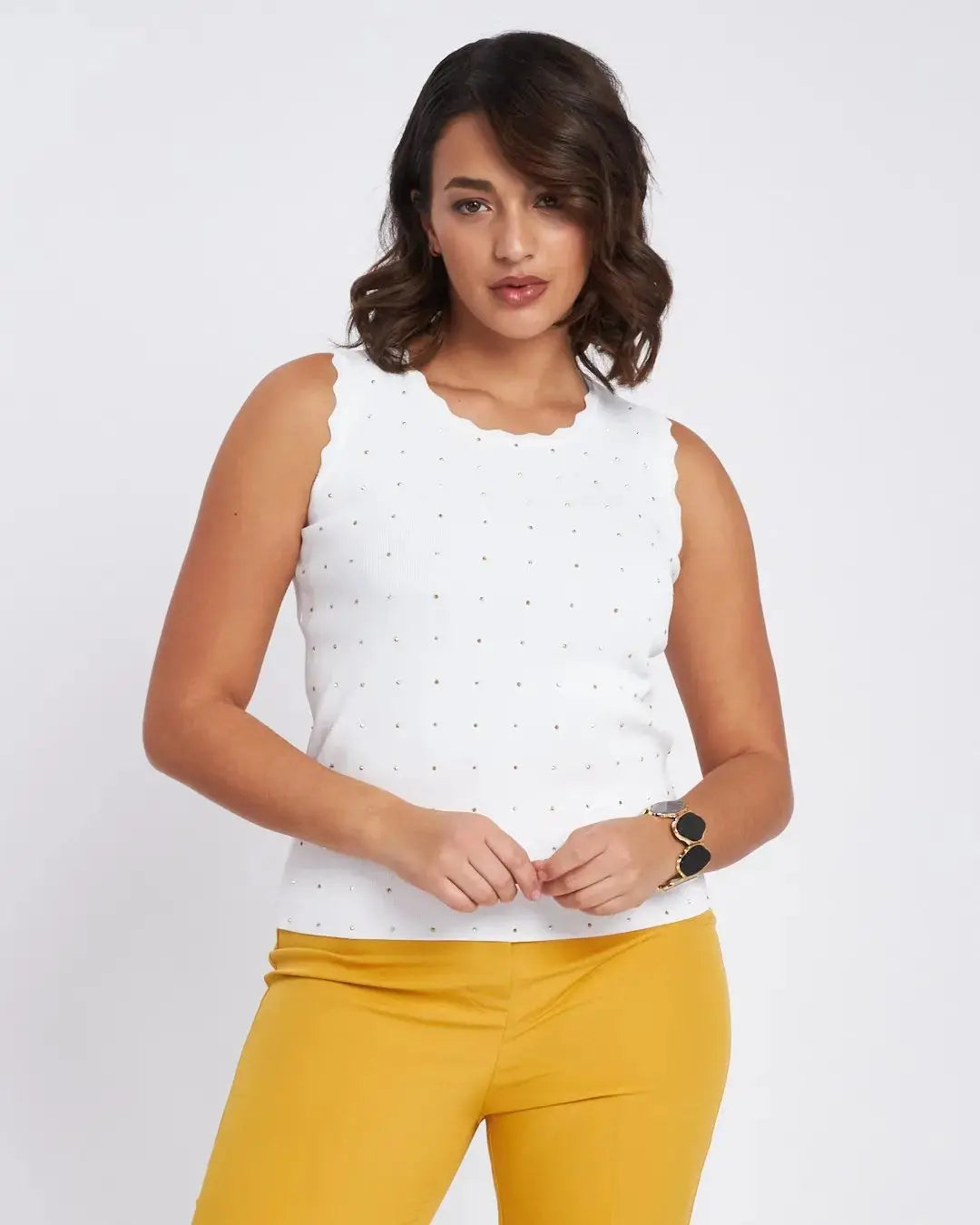 Top con orli ondulati e strass frontali BIANCO DORABELLA XL