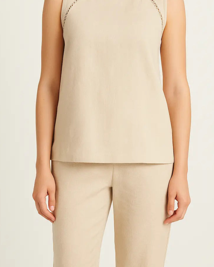 Top girocollo con passamaneria sulla spalla in misto lino viscosa DORABELLA