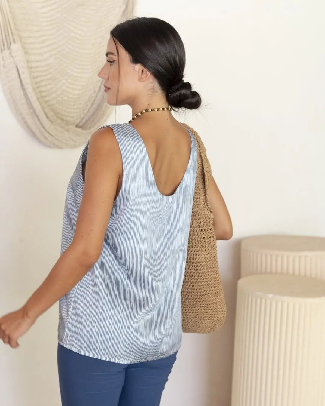 Top smanicato a righe con scollo a V BLU DORABELLA