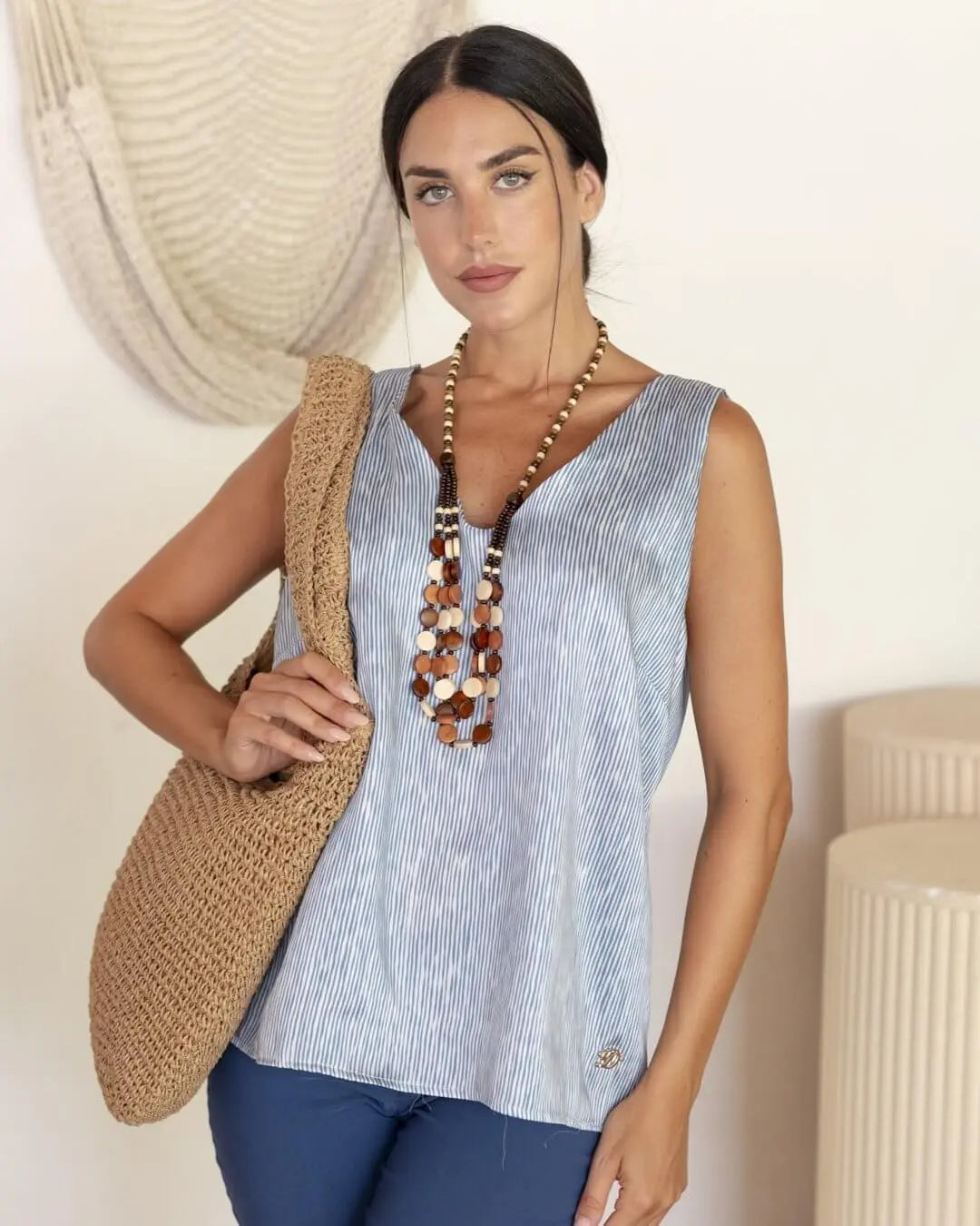 Top smanicato a righe con scollo a V BLU DORABELLA