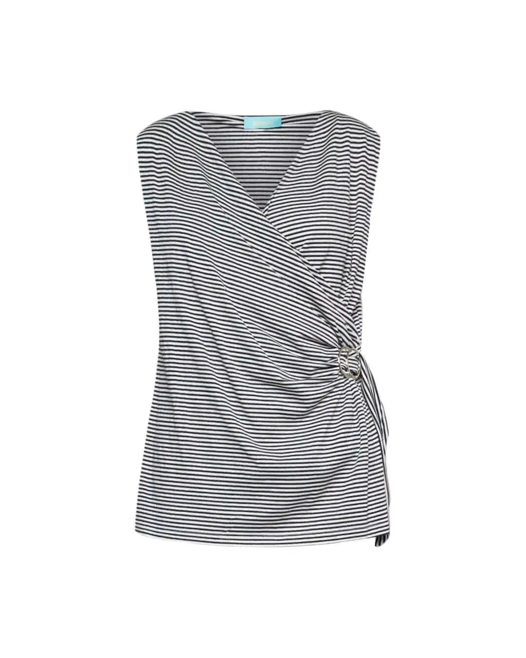 Top smanicato in misto viscosa lurex con fantasia a righe e dettaglio anelli in metallo. BIANCO-BLU DORABELLA