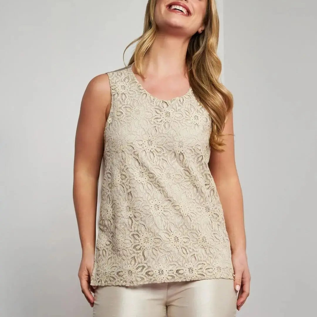 Top smanicato in pizzo floreale con retro in raso tinta unita CHAMPAGNE DORABELLA COUTURE XXL