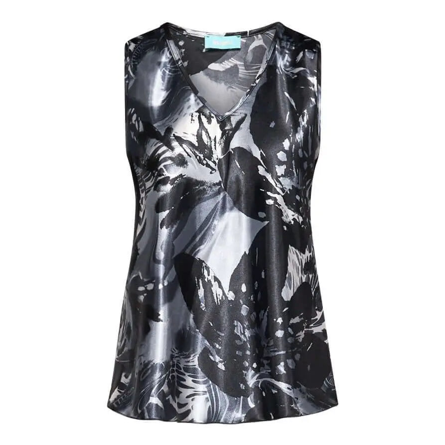 Top smanicato in raso con fantasia multicolore e scollo a V. NERO DORABELLA XL