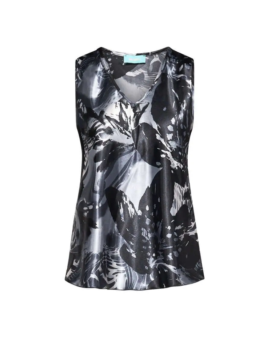 Top smanicato in raso con fantasia multicolore e scollo a V. NERO DORABELLA XL