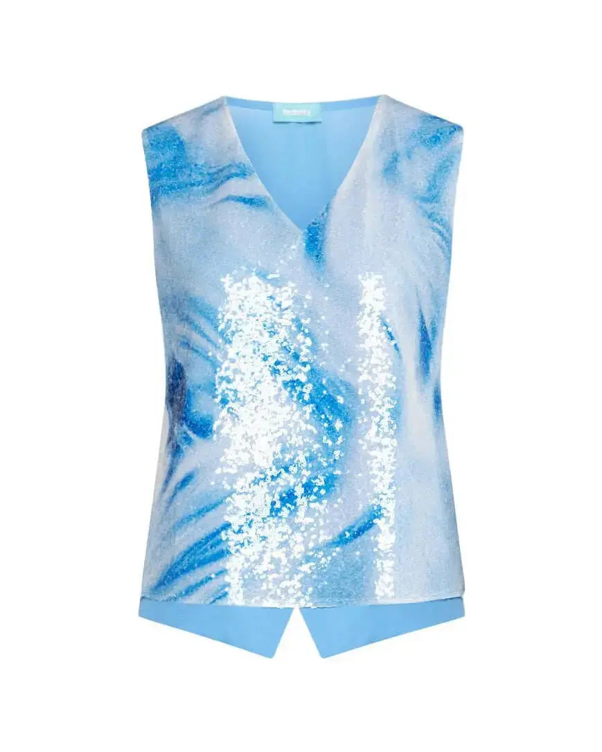 Top smanicato in tulle ricamato di paillettes con fantasia astratta sfumata ed inserti in georgette AZZURRO DORABELLA