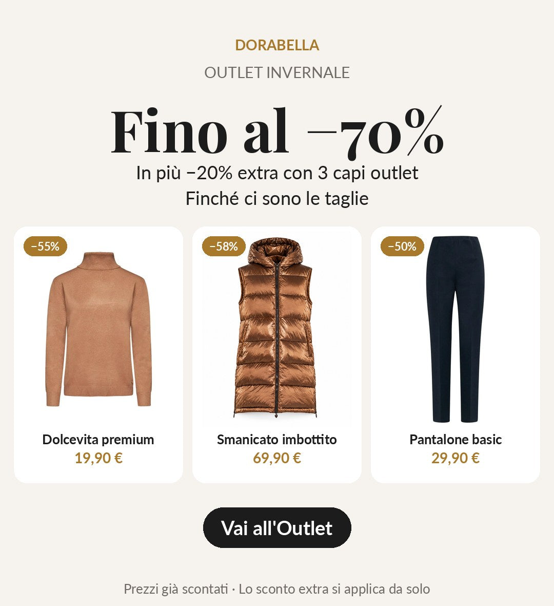 Outlet invernale fino al −70%, −20% extra con 3 capi