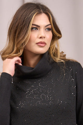 High neck sweater with embroidered sequins BLACK