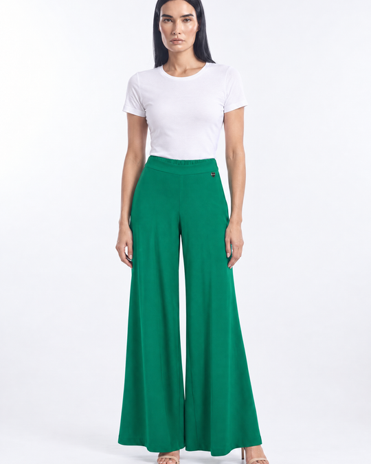 Pantalone palazzo con vita elastica - indossato frontale