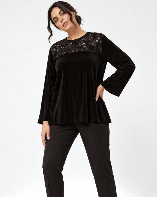 Blusa in velluto con inserto in pizzo ricamato NERO - tre quarti
