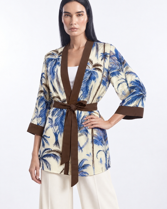 Kimono in fantasia jungle con fusciacca - tre quarti