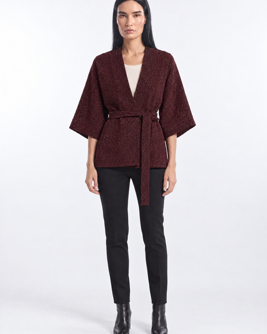 Spolverino kimono con cintura BURGUNDY - indossato frontale