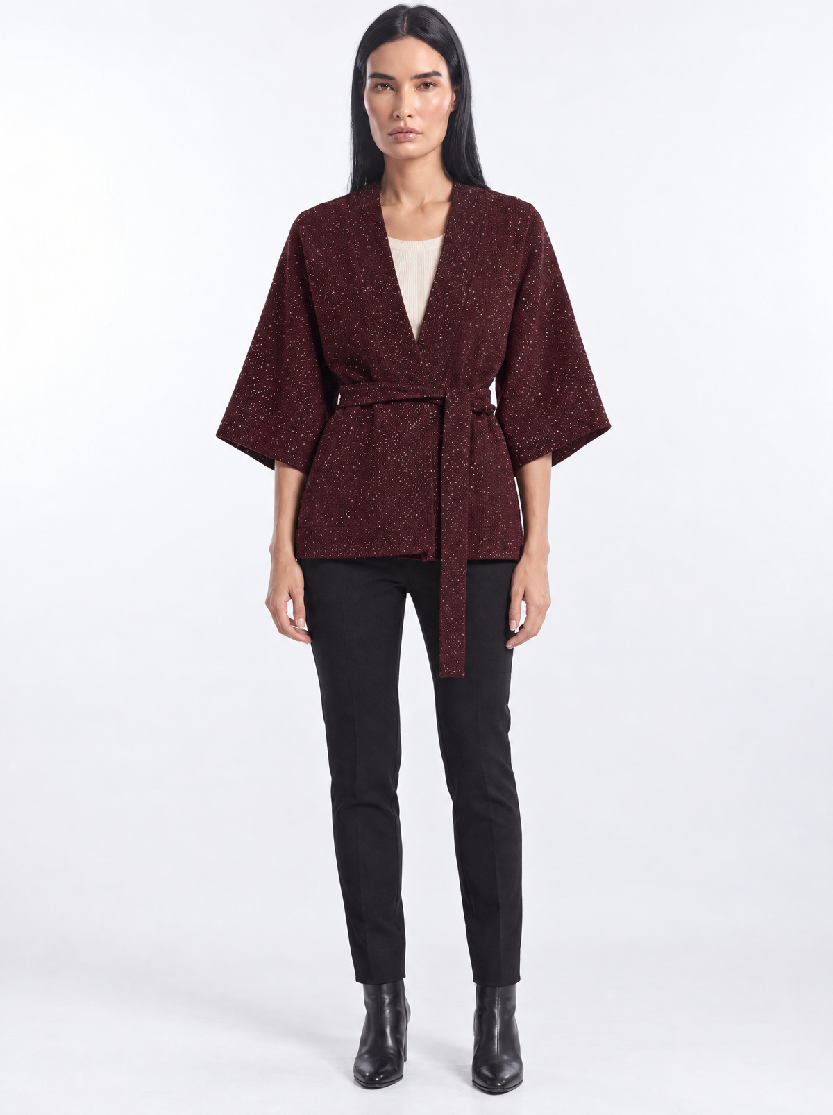 Spolverino kimono con cintura BURGUNDY - indossato frontale