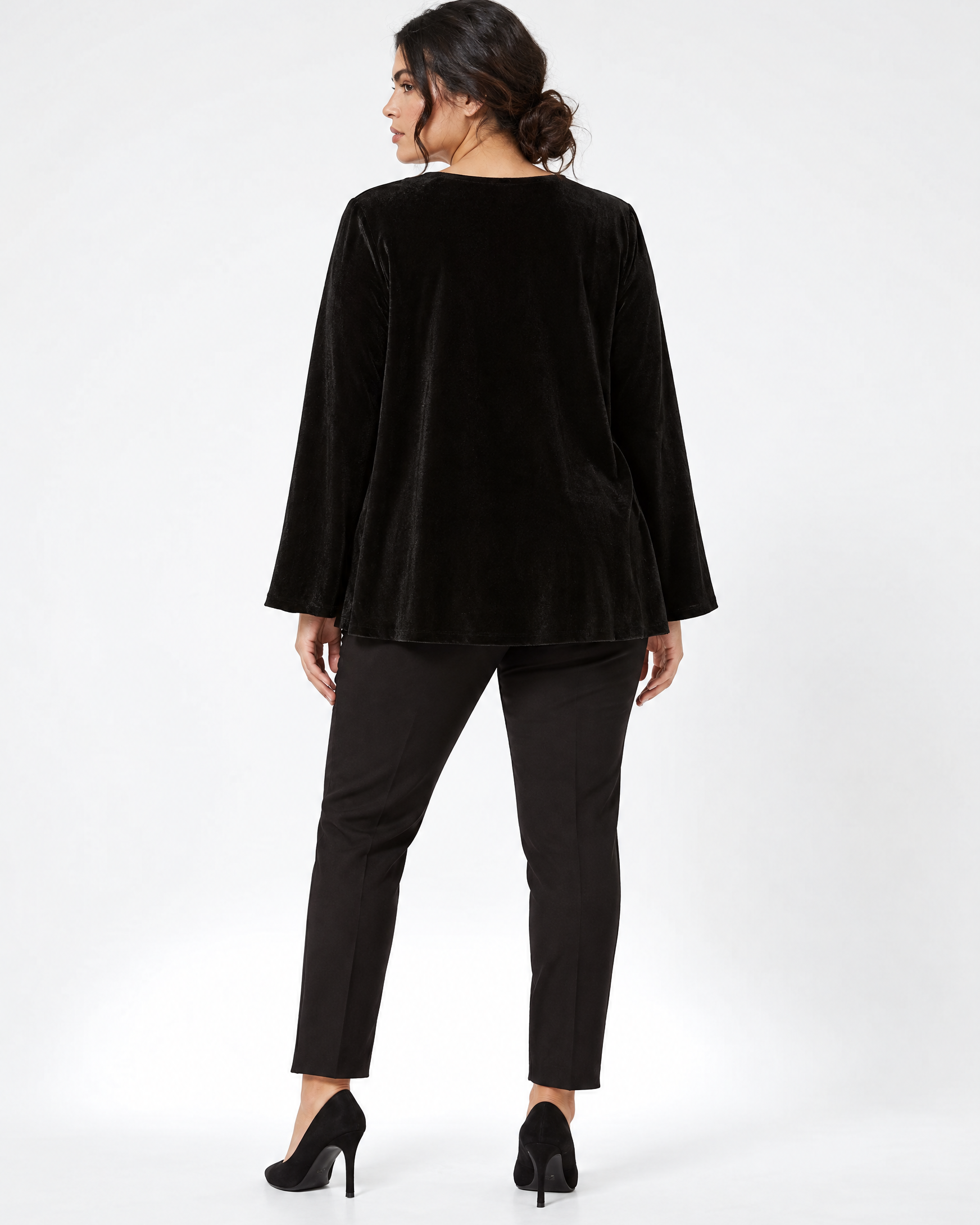 Blusa in velluto con inserto in pizzo ricamato NERO - retro