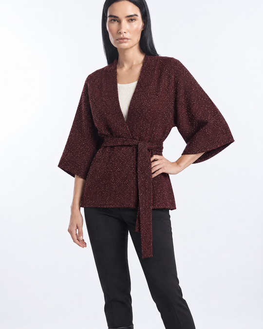 Spolverino kimono con cintura BURGUNDY - tre quarti