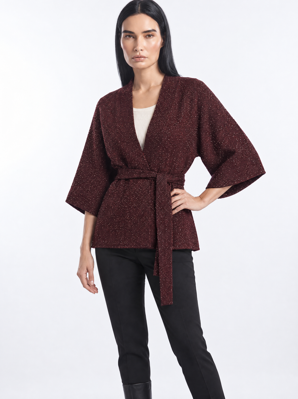 Spolverino kimono con cintura BURGUNDY - tre quarti
