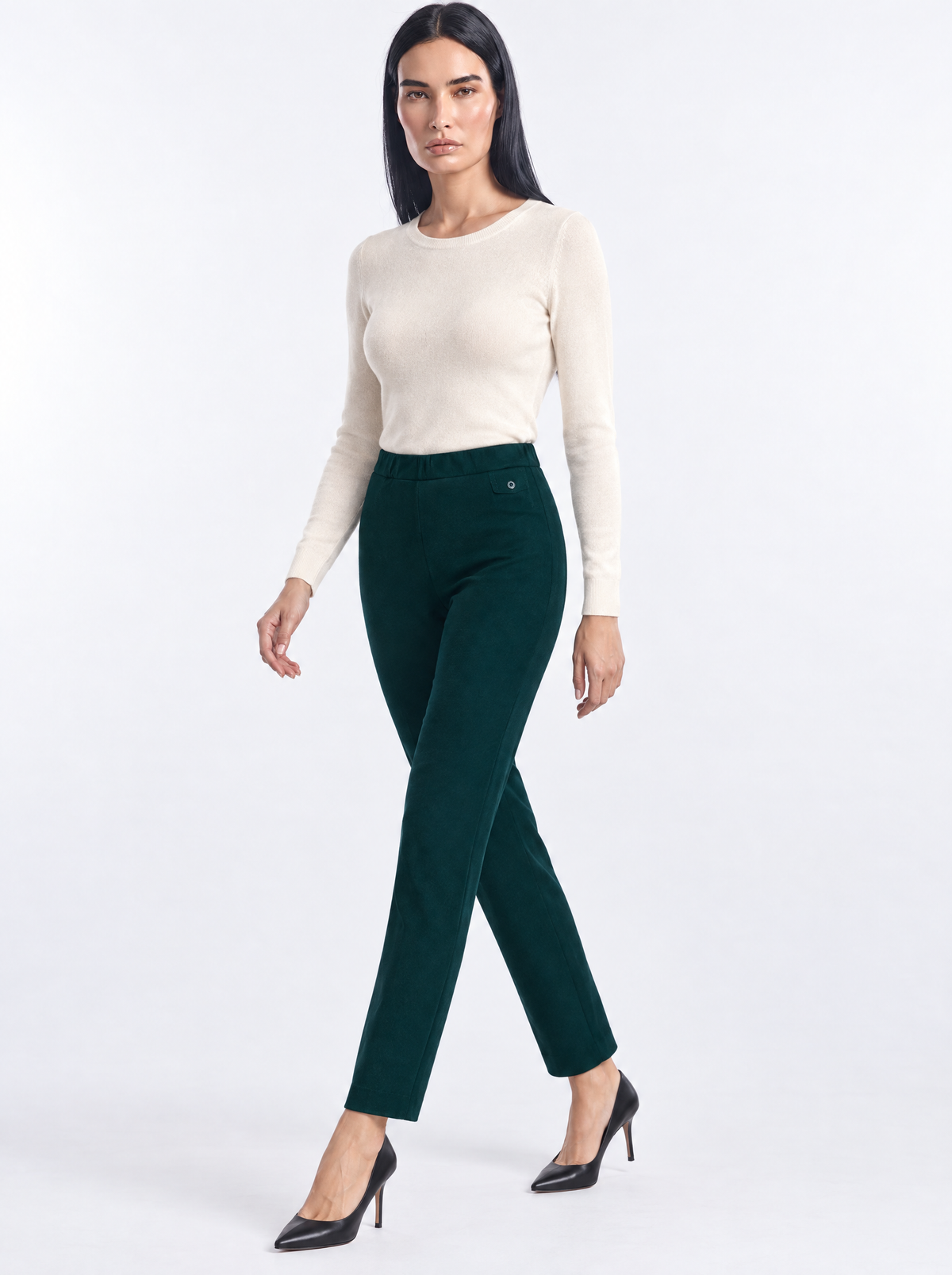 Pantaloni con vita elastica e pattina con bottone VERDE - tre quarti