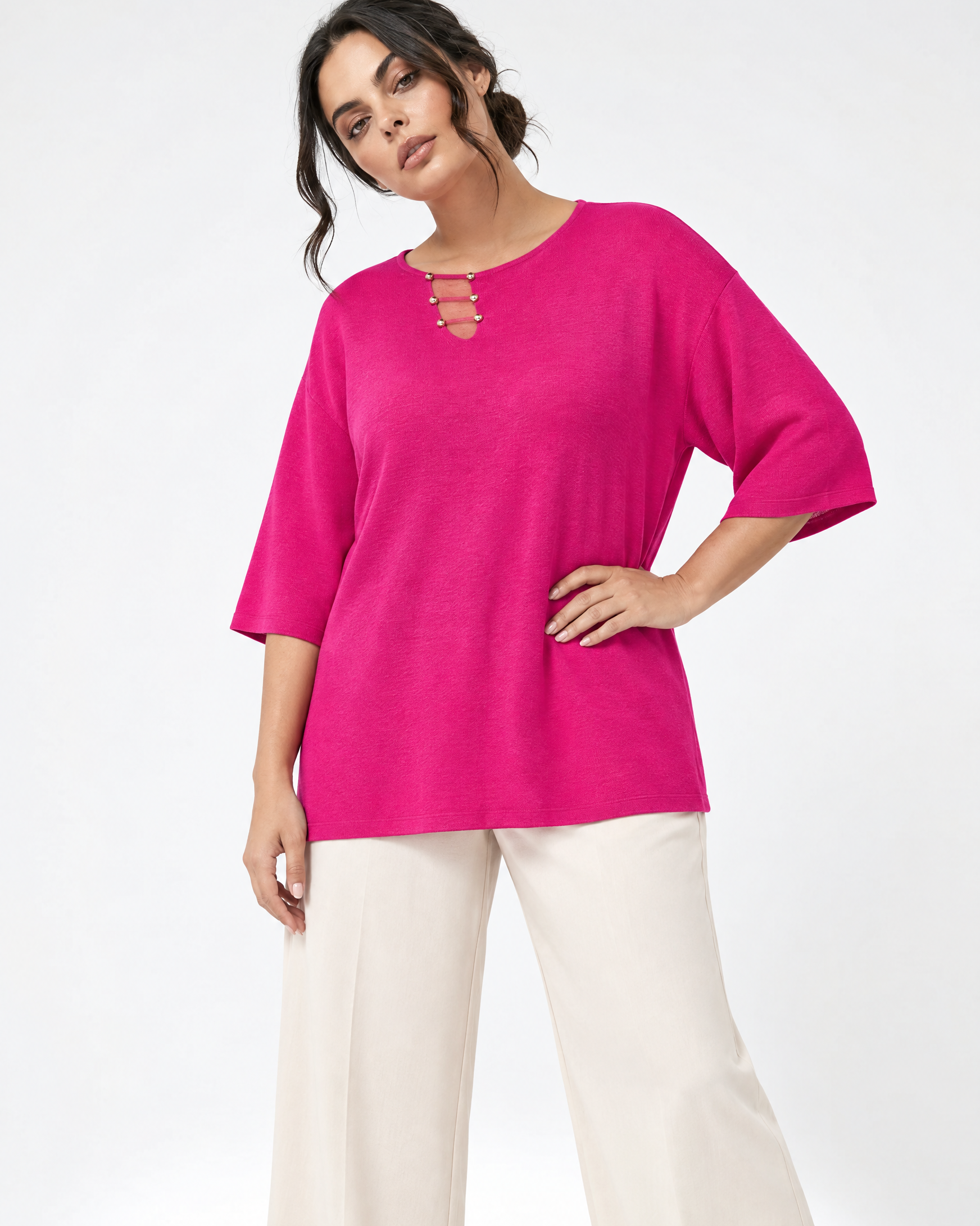 Maglia con dettaglio borchie FUXIA - tre quarti