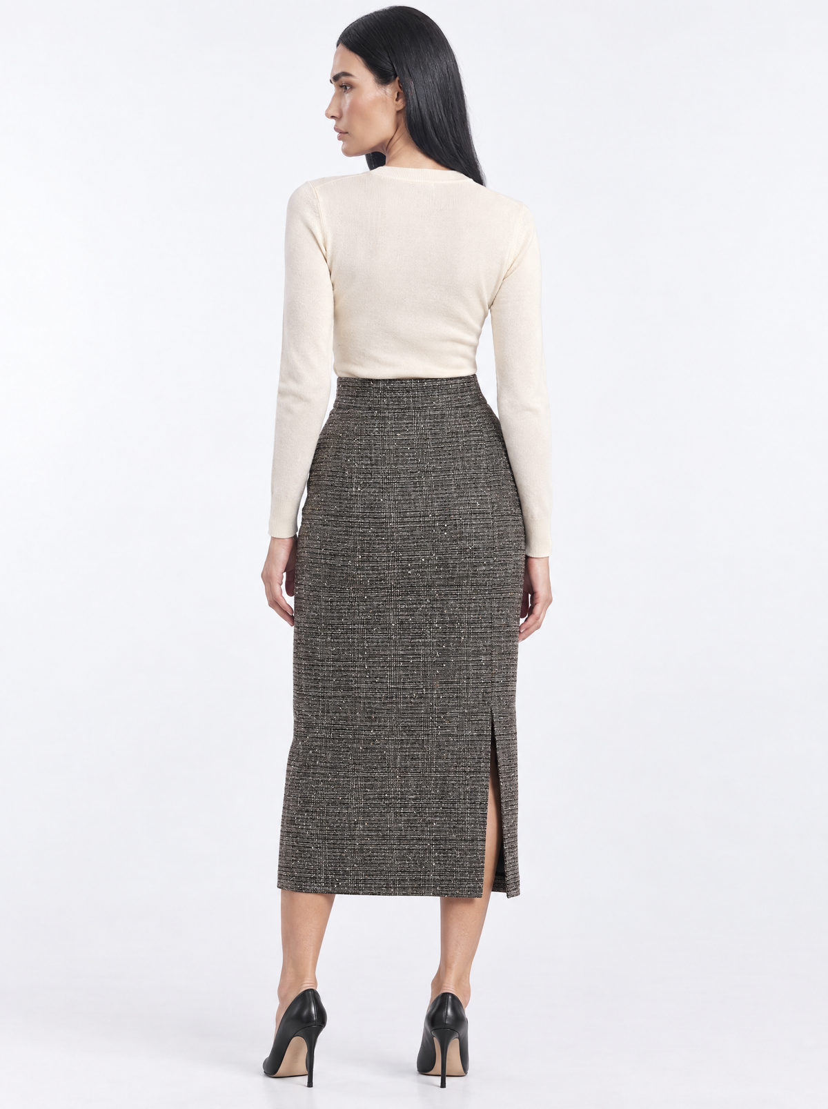 Gonna longuette con spacco laterale in check ricamato ARGENTO - retro