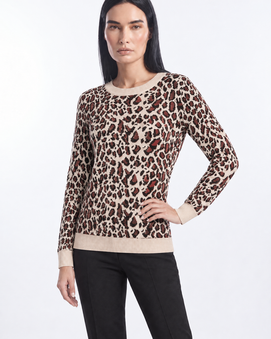 Maglia girocollo in jacquard animalier con contrasti a tinta unita ANIMALIER - tre quarti
