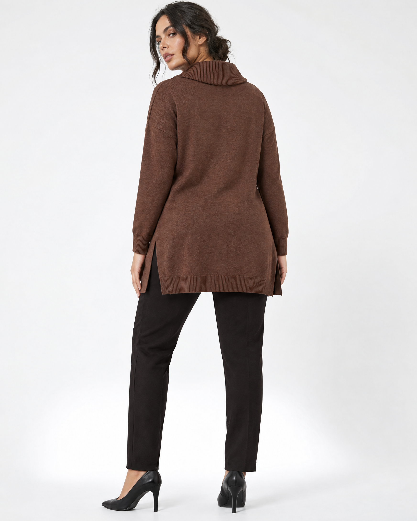Maglia maxi con collo sciallato e spacchi CACAO - retro