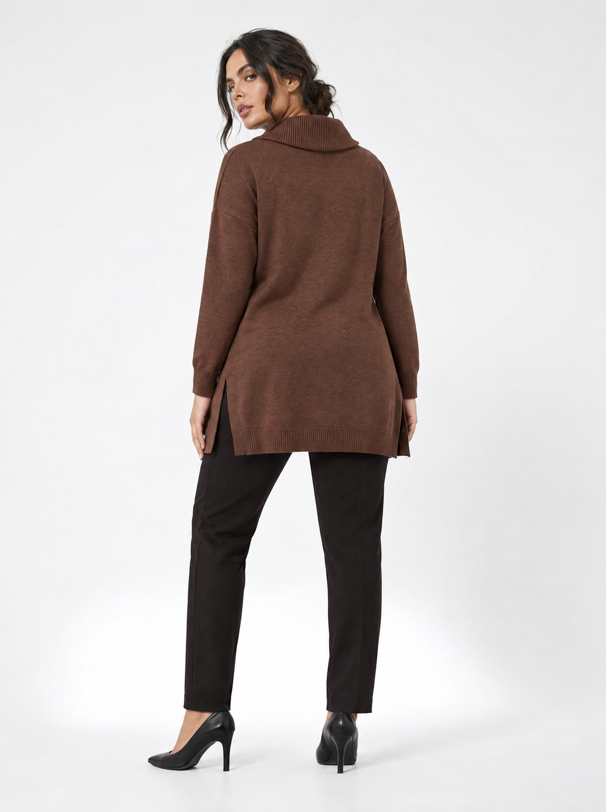Maglia maxi con collo sciallato e spacchi CACAO - retro