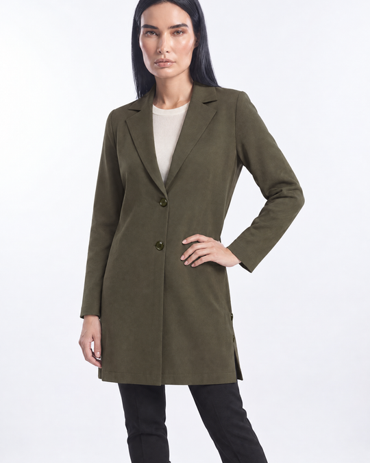 Spolvero con rever e spacchi con bottoni VERDE MILITARE - tre quarti