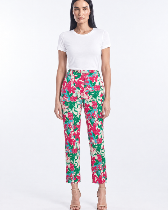 Pantalone gamba dritta in cady stampato - indossato frontale