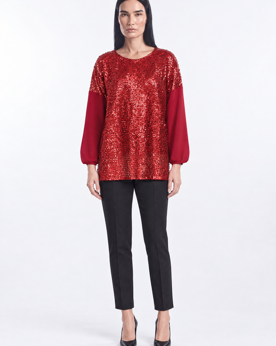 Blusa in georgette e paillettes ROSSO - indossato frontale