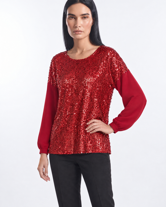 Blusa in georgette e paillettes ROSSO - tre quarti