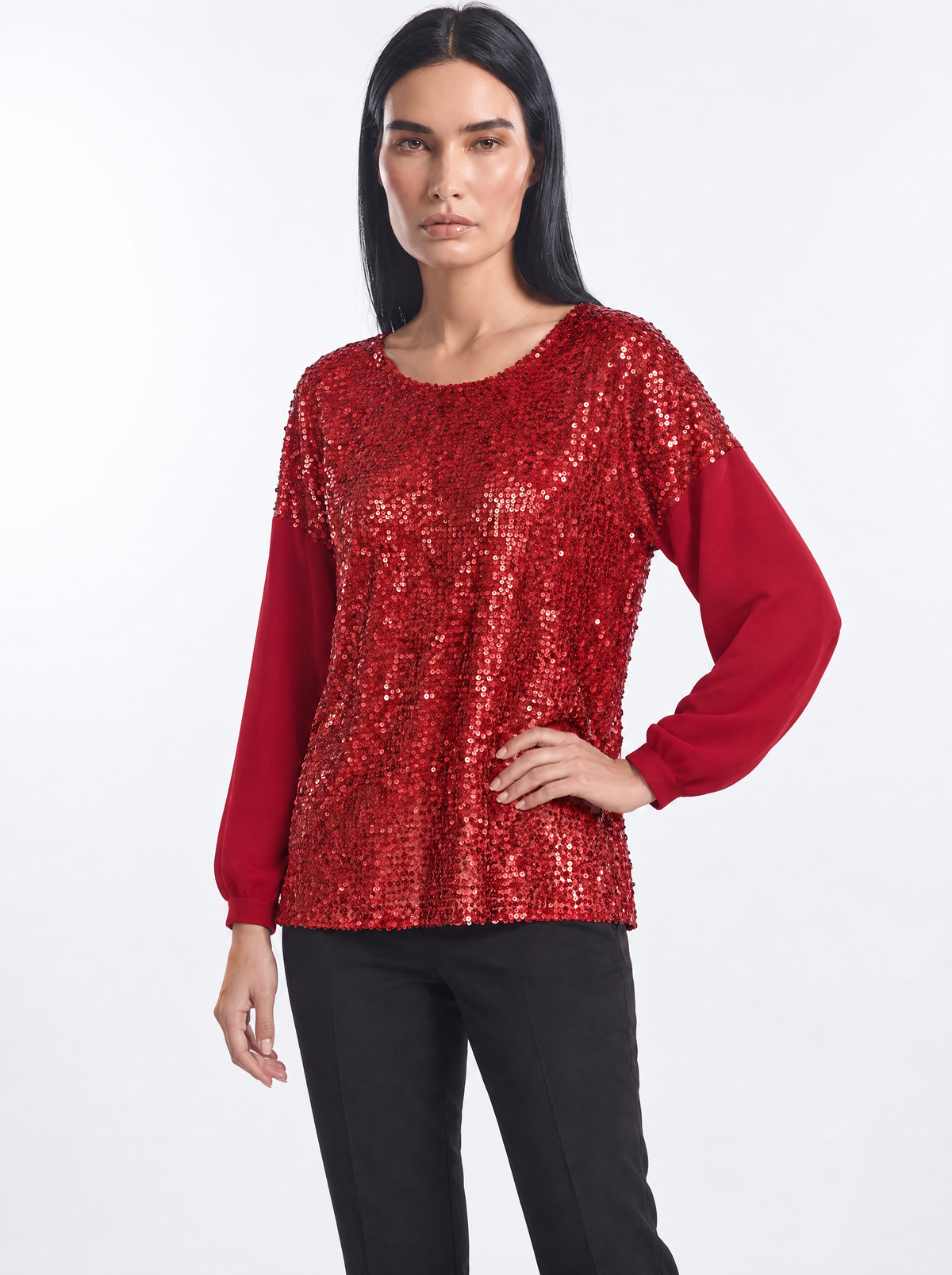 Blusa in georgette e paillettes ROSSO - tre quarti