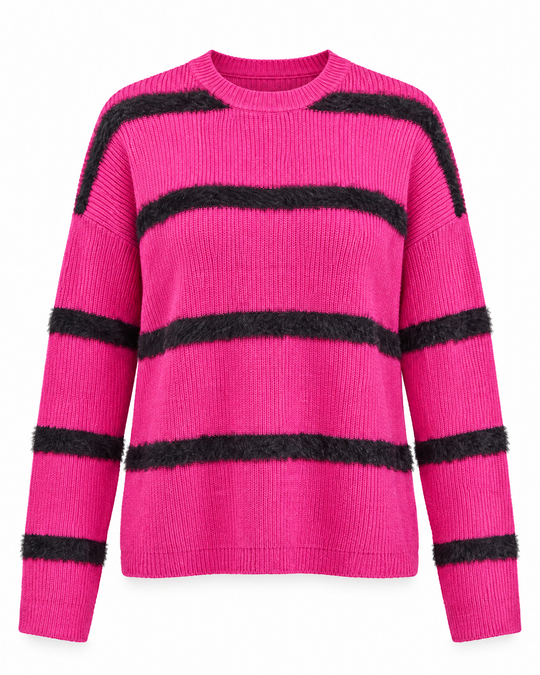 Maglia girocollo a righe con costine FUXIA - still life