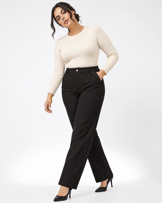 Pantalone a gamba dritta in tessuto gessato lurex NERO-ORO - tre quarti
