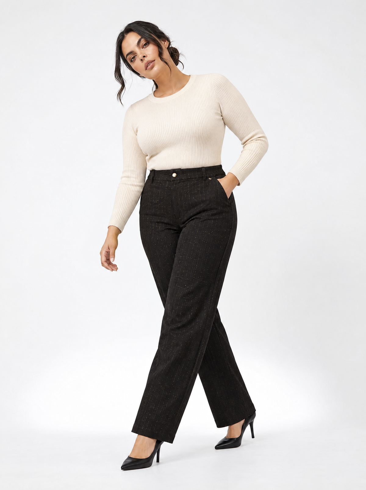 Pantalone a gamba dritta in tessuto gessato lurex NERO-ORO - tre quarti