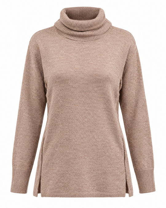 Maglia a collo alto risvoltato e spacchi CAMMELLO - still life
