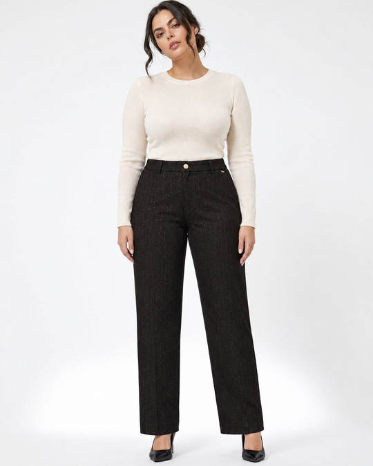 Pantalone a gamba dritta in tessuto gessato lurex NERO-ORO - indossato frontale