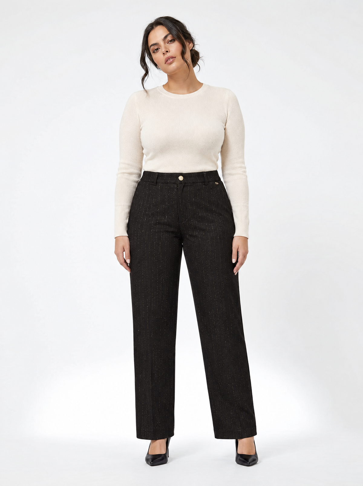 Pantalone a gamba dritta in tessuto gessato lurex NERO-ORO - indossato frontale