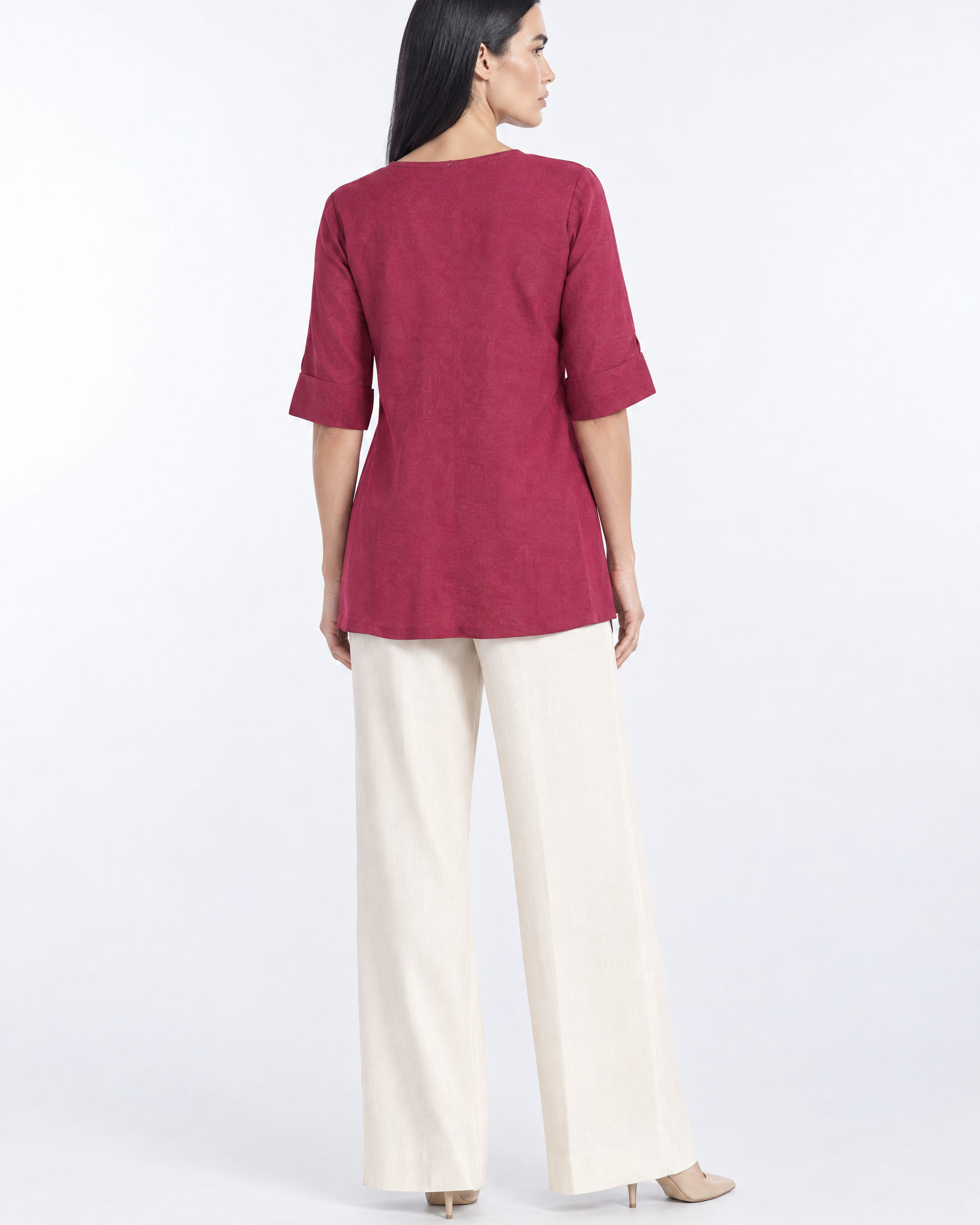 Camicia girocollo con tasche frontali in misto lino e viscosa Burgundy - retro