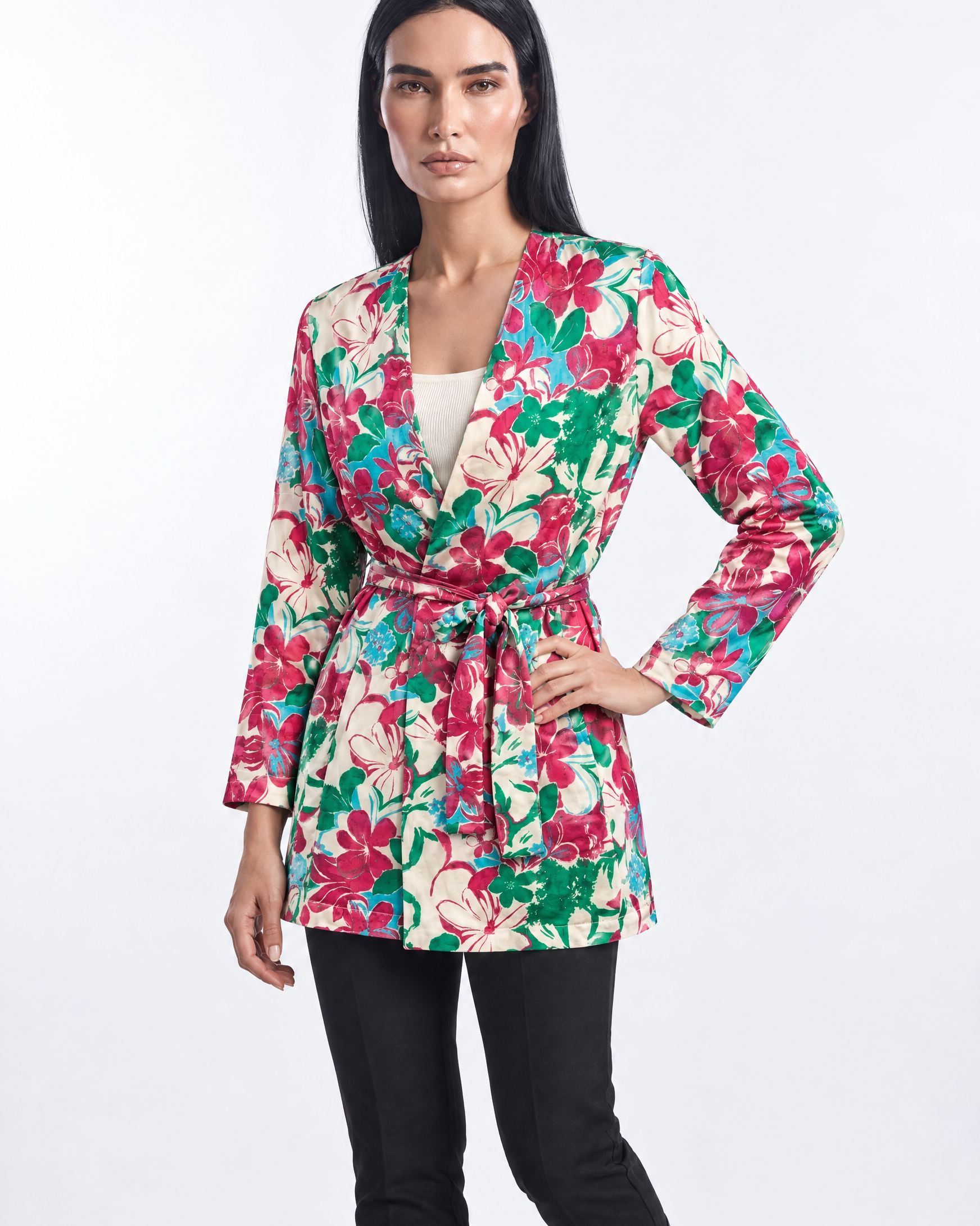 Blazer stampato con fusciacca bicolor - tre quarti